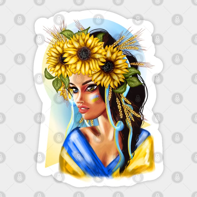 Ukrainian woman with national flag with wheat and flowers Sticker by Olena Tyshchenko